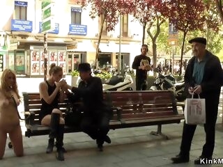 Bare blond hair nymph getting down on all fours in public streets